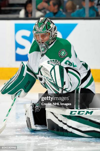 Kari Lehtonen of the Dallas Stars looks during a NHL game against the San Jose Sharks at SAP Center at San Jose on March 12, 2017 in San Jose,...