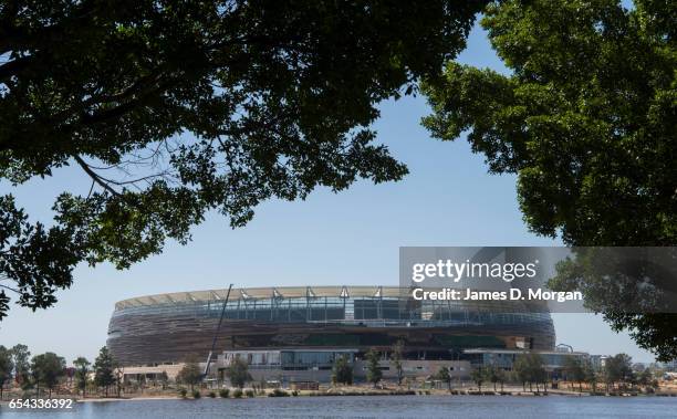 Trees and rocks beside the Swan River overlook the new Perth Stadium on March 17, 2017 in Perth, Australia. The WA Labor Party announced plans to...