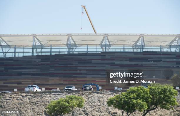 Final work is taking place to the Perth Stadium on March 17, 2017 in Perth, Australia. The WA Labor Party announced plans to sell off the naming...