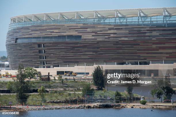 Final work is taking place to the Perth Stadium on March 17, 2017 in Perth, Australia. The WA Labor Party announced plans to sell off the naming...