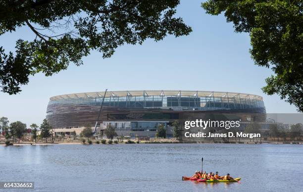 Kayakers on the Swan River beside the new Perth Stadium on March 17, 2017 in Perth, Australia. The WA Labor Party announced plans to sell off the...