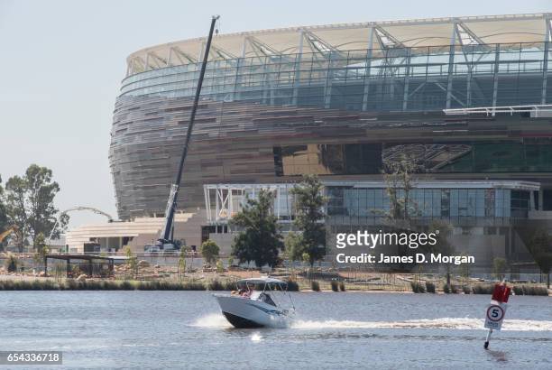 Final work is taking place to the Perth Stadium on March 17, 2017 in Perth, Australia. The WA Labor Party announced plans to sell off the naming...