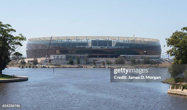 Final work is taking place to the Perth Stadium on March 17, 2017 in Perth, Australia. The WA Labor Party announced plans to sell off the naming...