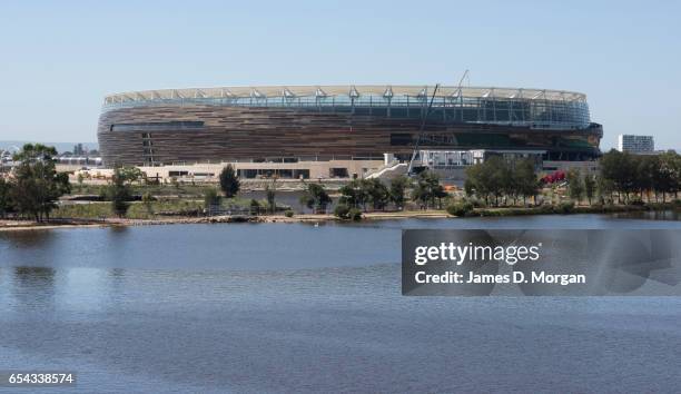 Final work is taking place to the Perth Stadium on March 17, 2017 in Perth, Australia. The WA Labor Party announced plans to sell off the naming...