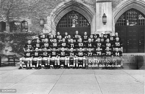 Team photo of 1958 Army Cadets football team at the United States Military Academy, West Point, New York, September 1958. Among those pictured are...