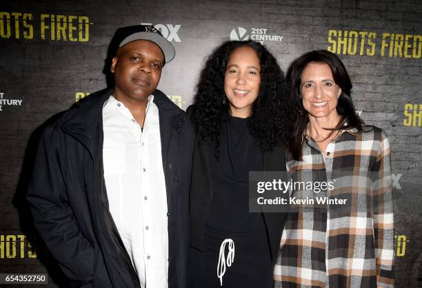 Executive producers Reggie Rock Bythewood, Francie Calfo and Gina Prince-Bythewood arrive at a screening and Q&A for FOX TV's "Shots Fired" at the...