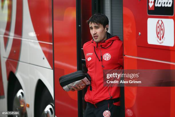 Bojan Krkic of Mainz leaves the team bus prior to the Bundesliga match between SV Darmstadt 98 and 1. FSV Mainz 05 at Jonathan-Heimes-Stadion am...