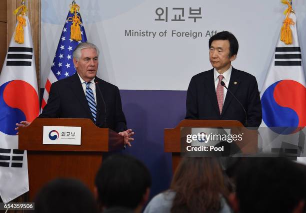 Secretary of State Rex Tillerson speaks with South Korean Foreign Minister Yun Byung-se during a press conference on March 17, 2017 in Seoul, South...