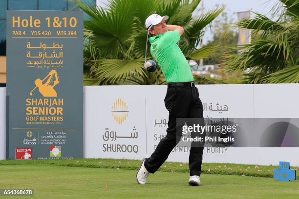 Des Smyth of Ireland in action on the 10th hole during the second round of the Sharjah Senior Golf Masters played at Sharjah Golf & Shooting Club on...
