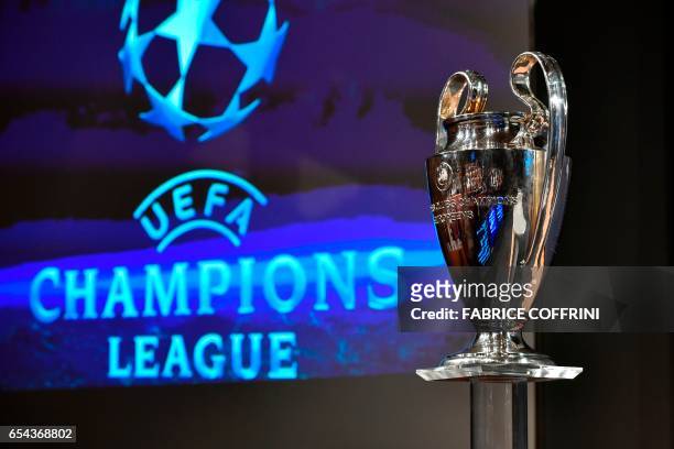 The UEFA Champions League cup is pictured prior to the ceremony for the quarter-final draw of the quarter-final draw for the UEFA Champions League...