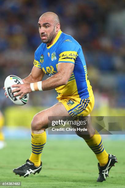 Tim Mannah of the Eels runs the ball during the round three NRL match between the Gold Coast Titans and the Parramatta Eels at Cbus Super Stadium on...