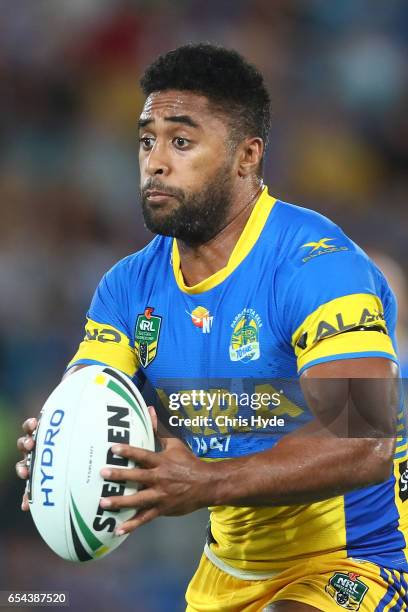 Michael Jennings of the Eels runs the ball during the round three NRL match between the Gold Coast Titans and the Parramatta Eels at Cbus Super...