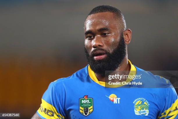 Semi Radradra of the Eels looks on during the round three NRL match between the Gold Coast Titans and the Parramatta Eels at Cbus Super Stadium on...