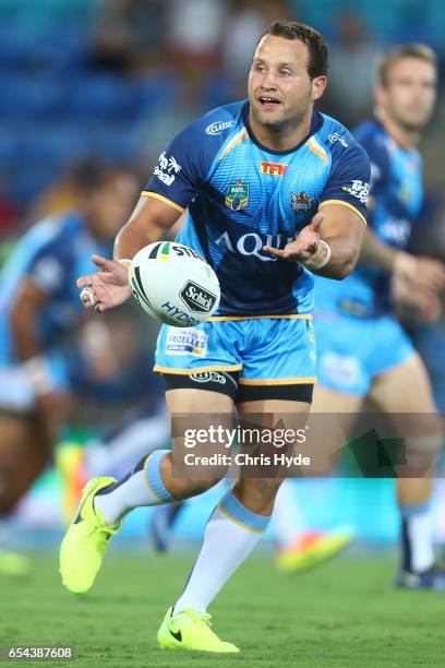 Tyrone Roberts of the Titans passes during the round three NRL match between the Gold Coast Titans and the Parramatta Eels at Cbus Super Stadium on...