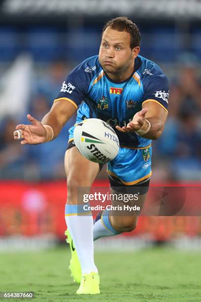 Tyrone Roberts of the Titans passes during the round three NRL match between the Gold Coast Titans and the Parramatta Eels at Cbus Super Stadium on...