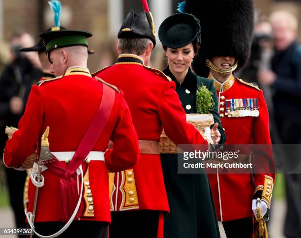Catherine, Duchess of Cambridge attends the annual Irish Guards St Patrick's Day Parade at Household Cavalry Barracks on March 17, 2017 in London,...