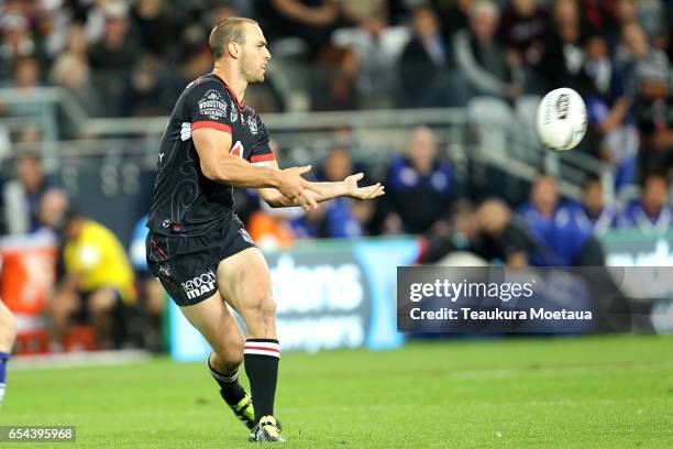 Simon Mannering of the Warriors is passes during the round three NRL match between the Bulldogs and the Warriors at Forsyth Barr Stadium on March 17,...