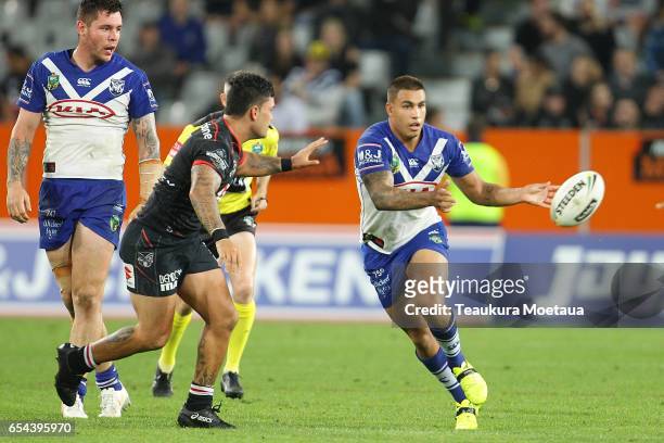 Michael Lichaa of the Bulldogs passes during the round three NRL match between the Bulldogs and the Warriors at Forsyth Barr Stadium on March 17,...