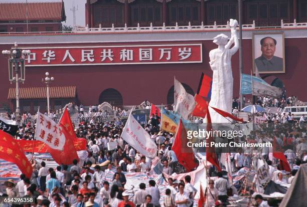 The "Goddess of Democracy" stands tall amid a huge crowd of flag waving pro-democracy demonstrators in front of the Mao Tse Tung portrait in...