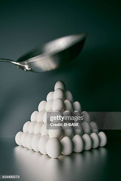 smashing pyramid egg with a pan - food pyramid stock-fotos und bilder