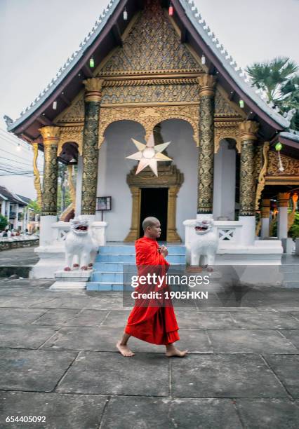 jeune monk est une le monastère courtyard, luang prabang, du laos - mekong delta photos et images de collection