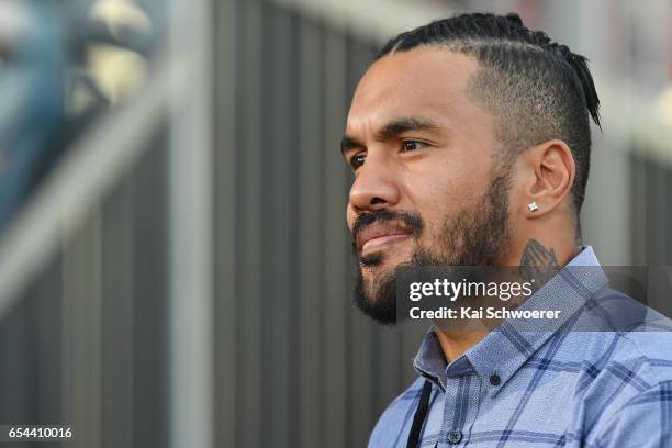 Digby Ioane of the Crusaders looks on prior to the round four Super Rugby match between the Crusaders and the Blues at AMI Stadium on March 17, 2017...