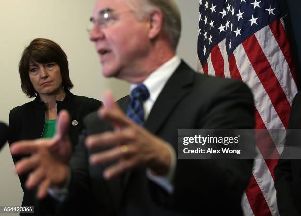 Health and Human Services Secretary Tom Price speaks as House Republican Conference Chair Cathy McMorris Rodgers listens during a news conference at...