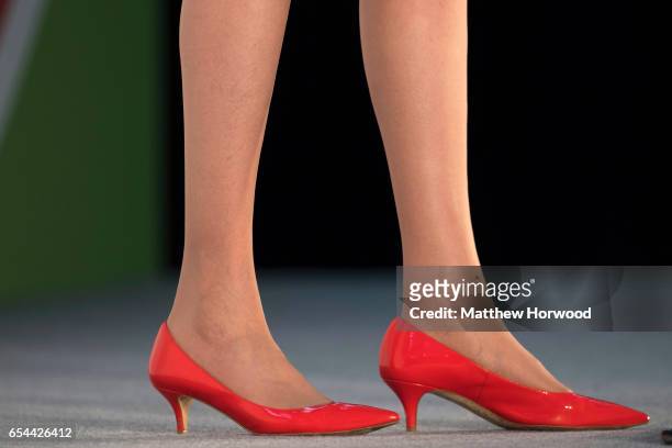 Closeup picture of Prime Minister Theresa May's shoes during her speech at the Conservative Spring Forum on March 17, 2017 in Cardiff, Wales. In her...
