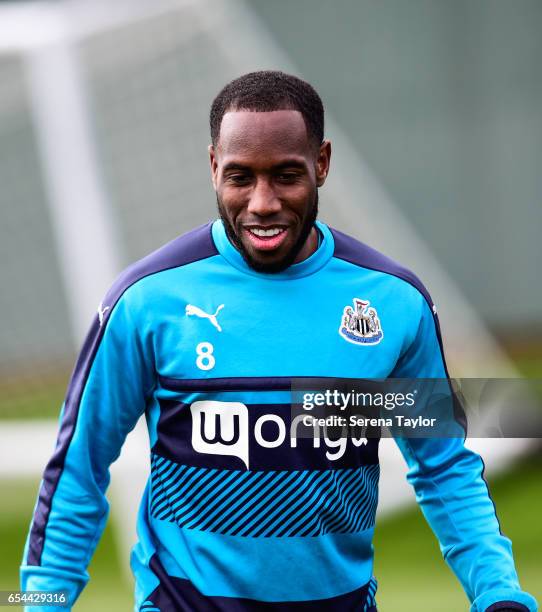 Vurnon Anita smiles during the Newcastle United Training Session at The Newcastle United Training Centre on March 17, 2017 in Newcastle upon Tyne,...