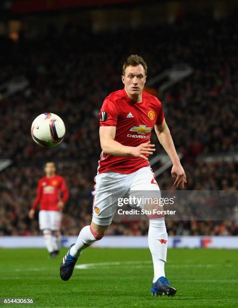 United player Phil Jones in action during the UEFA Europa League Round of 16 second leg match between Manchester United and FK Rostov at Old Trafford...