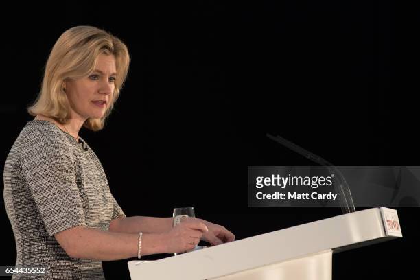 Secretary of State for Education Justine Greening speaks at the Conservative Spring Forum on March 17, 2017 in Cardiff, Wales. In her speech the...