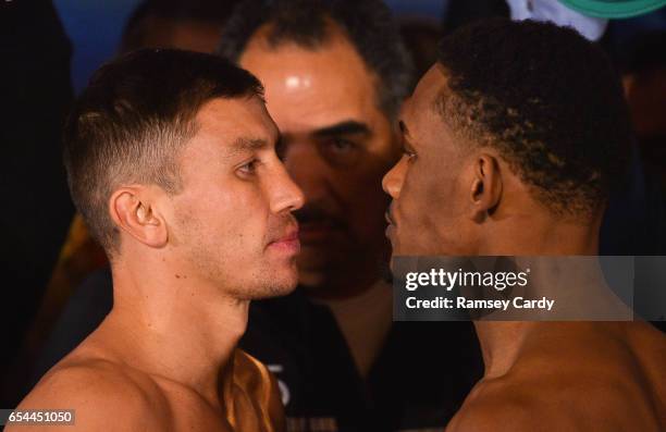 New York , United States - 17 March 2017; Gennady Golovkin, left, faces off with Daniel Jacobs ahead of their middleweight title bout at The Theater...