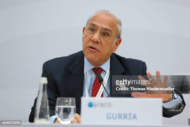 Secretary-General Angel Gurria speaks during the 'Going for Growth' report presentation during the G20 finance minister's meeting on March 17, 2017...