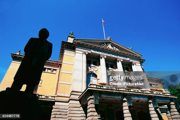 national theater and henrik ibsen statue - henrik ibsen stock pictures, royalty-free photos & images