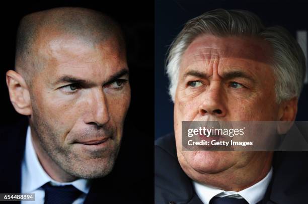 In this composite image a comparision has been made between Real Madrid manager Zinedine Zidane and Bayern Munich Head Coach / Manager, Carlo...