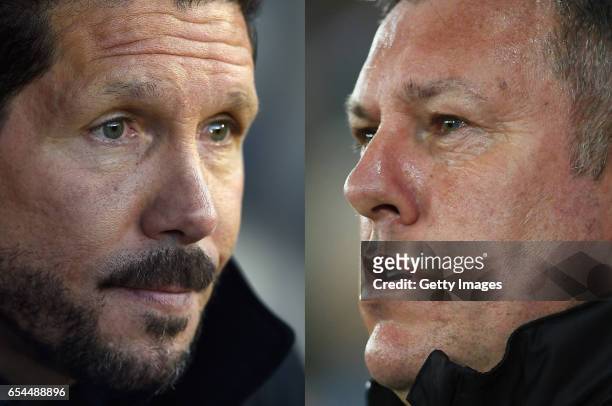 In this composite image a comparision has been made between Atletico Madrid coach Diego Simeone and Craig Shakespeare,Manager of Leicester City....