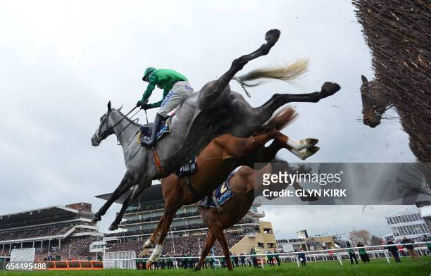 Bristol de Mai" ridden by jockey Daryl Jaccob jumps a hurdle during the Gold Cup race on the final day of the Cheltenham Festival horse racing...