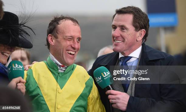 Cheltenham , United Kingdom - 17 March 2017; Gold Cup winning jockey Robbie Power and winning trainer Jessica Harrington are interviewed by A.P....