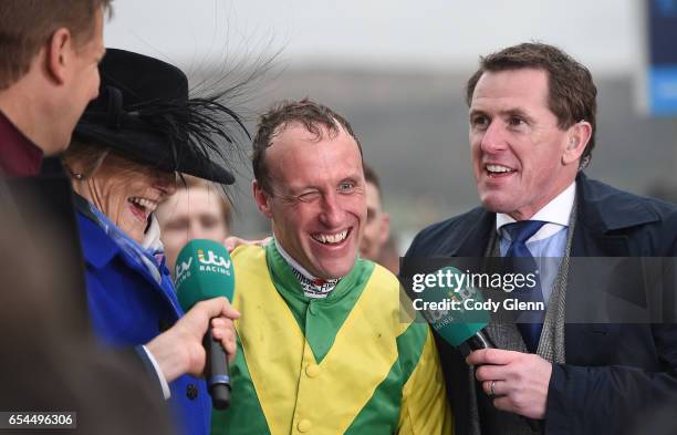 Cheltenham , United Kingdom - 17 March 2017; Gold Cup winning jockey Robbie Power and winning trainer Jessica Harrington are interviewed by A.P....