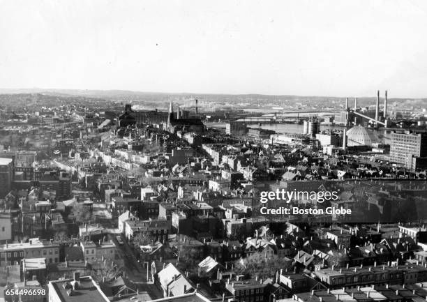 Looking toward Arlington, Medford, and Somerville from the top of Bunker Hill Monument, Feb. 5, 1960. The Mystic River is in the background.