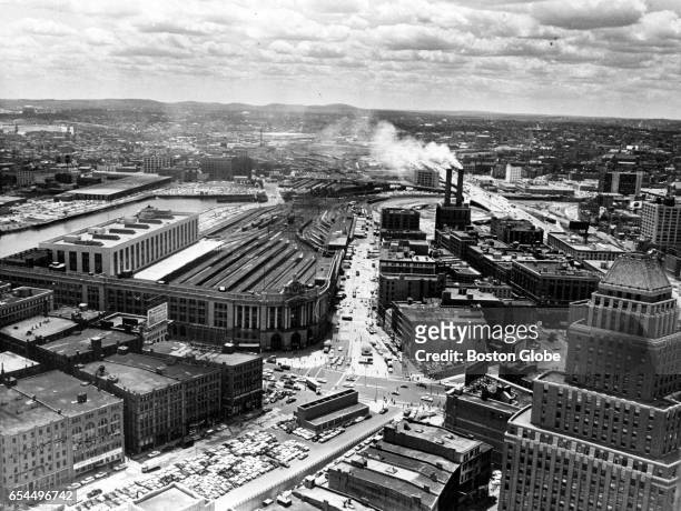 View from above Boston, looking south from the intersection of Summer Street at South Station, over South Boston, to the Blue Hills in the distance ,...