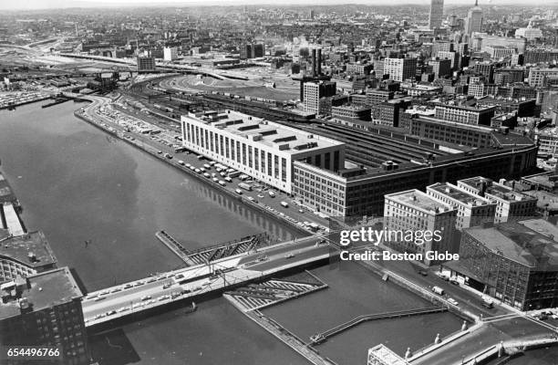 Aerial view of South Station and Summer Street over the Fort Point Channel in Boston, June 3, 1966.