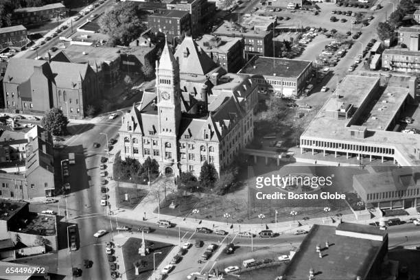 Aerial view of Lowell City Hall, Oct. 23, 1987.
