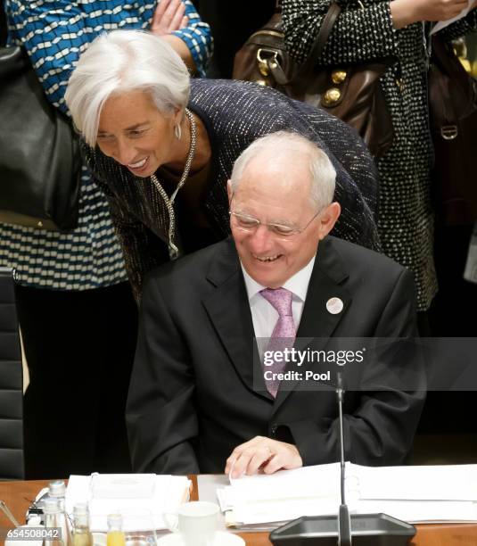 German Finance Minister Wolfgang Schaeuble talks to Christine Lagarde, Managing Director of International Monetary Fund , in the Convention Center...