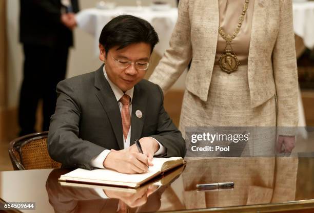 Singapore Finance Minister Lawrence Wong during the Signing the Baden Baden Visitors Book at the G20 Finance Ministers meeting on March 17, 2017 in...