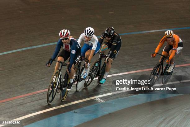 Sarah Hammer of USA, Giorgia Bronzini of Italy, Jolien D'Hoore of Belgium and Kirsten Wild of Netherlands compete in the Women's Pointsrace during...