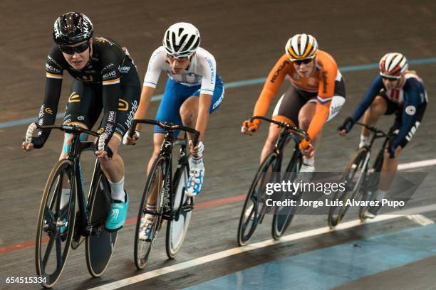 Jolien D'Hoore of Belgium, Giorgia Bronzini of Italy, Kirsten Wild of Netherlands and Sarah Hammer of the United States, compete in the Women's...