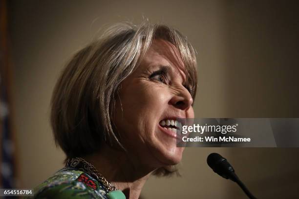 Rep. Michelle Lujan Grisham , chairwoman of the Congressional Hispanic Caucus, delivers remarks following a meeting between U.S. Secretary of...