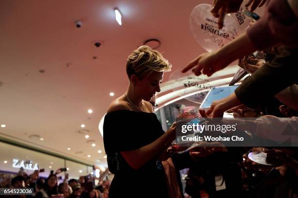 Scalett Johansson attends the Korean Red Carpet Fan Event of the Paramount Pictures release "Ghost In The Shell" at Lotte World Tower Mall on March...