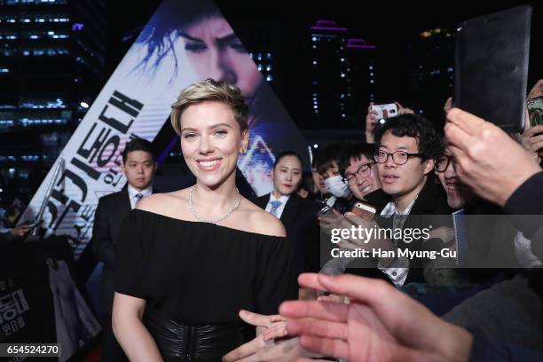 Scarlett Johansson attends the Korean Red Carpet Fan Event of the Paramount Pictures release "Ghost In The Shell" at Lotte World Tower Mall on March...